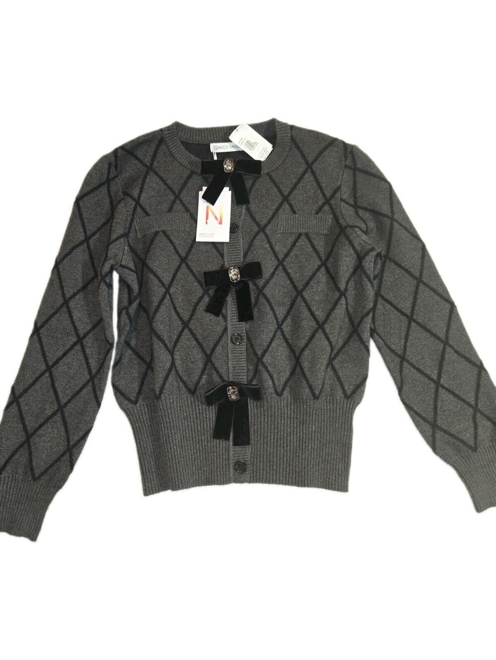 Nancy Yang Cardigan NWT  Sz L Gray Argyle With Velvet Bows Rhinestones Cotton...